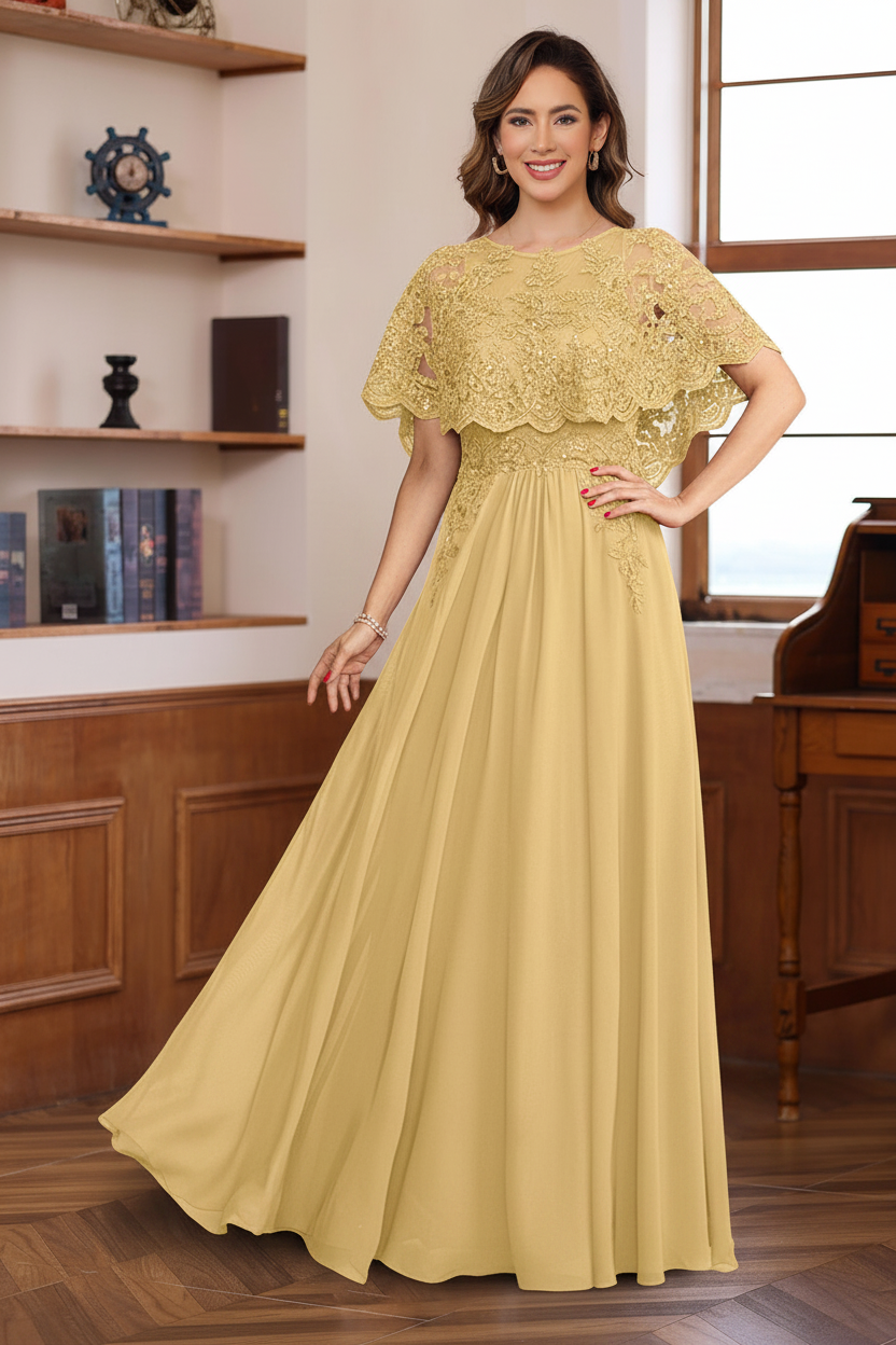 A-Line/Princess Round Neck Floor-Length Elegant Mother of the Bride & Groom Dresses with Lace Appliques