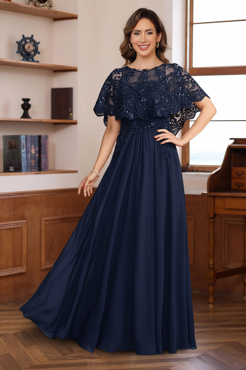 A-Line/Princess Round Neck Floor-Length Elegant Mother of the Bride & Groom Dresses with Lace Appliques
