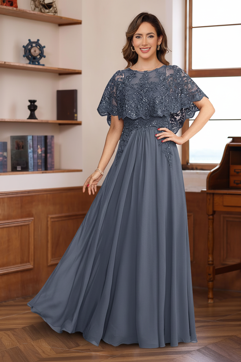 A-Line/Princess Round Neck Floor-Length Elegant Mother of the Bride & Groom Dresses with Lace Appliques