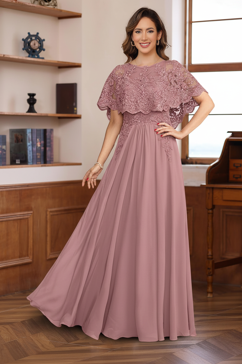 A-Line/Princess Round Neck Floor-Length Elegant Mother of the Bride & Groom Dresses with Lace Appliques