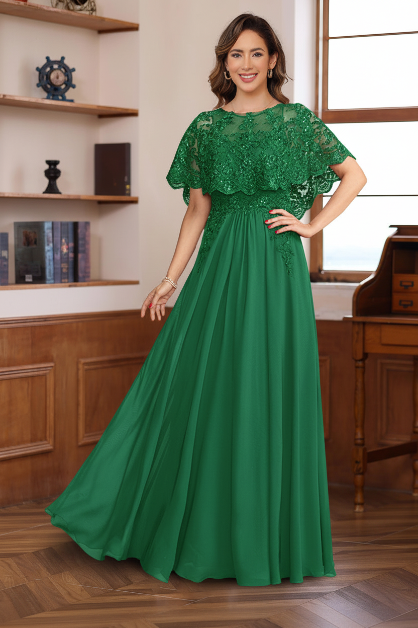 A-Line/Princess Round Neck Floor-Length Elegant Mother of the Bride & Groom Dresses with Lace Appliques