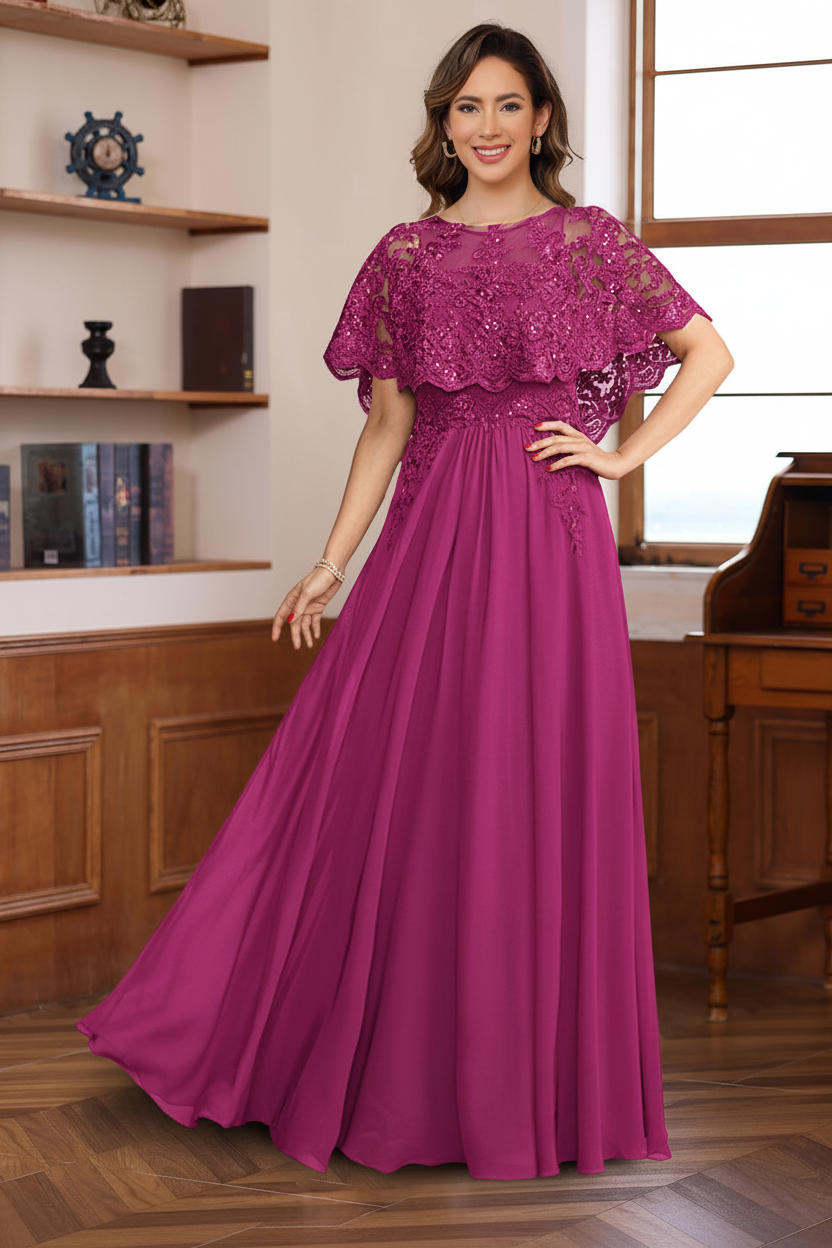 A-Line/Princess Round Neck Floor-Length Elegant Mother of the Bride & Groom Dresses with Lace Appliques