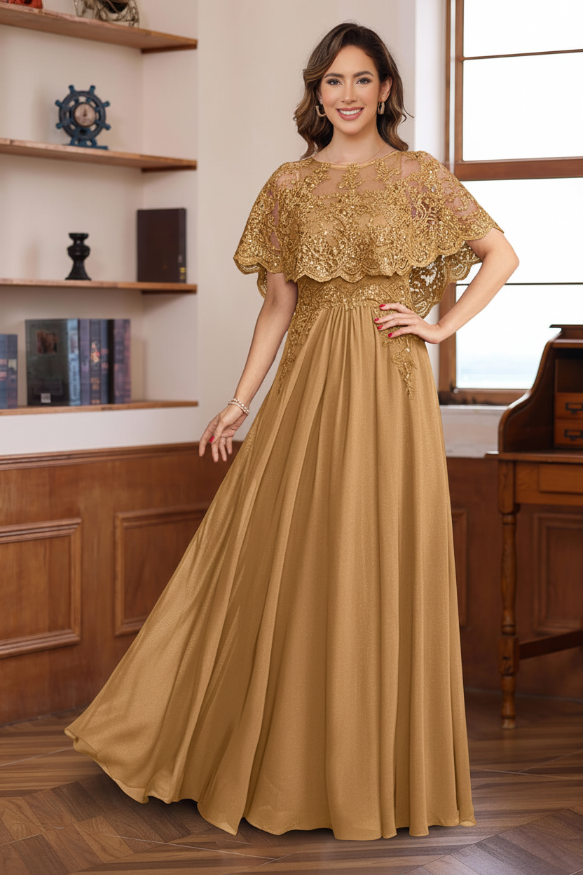 A-Line/Princess Round Neck Floor-Length Elegant Mother of the Bride & Groom Dresses with Lace Appliques
