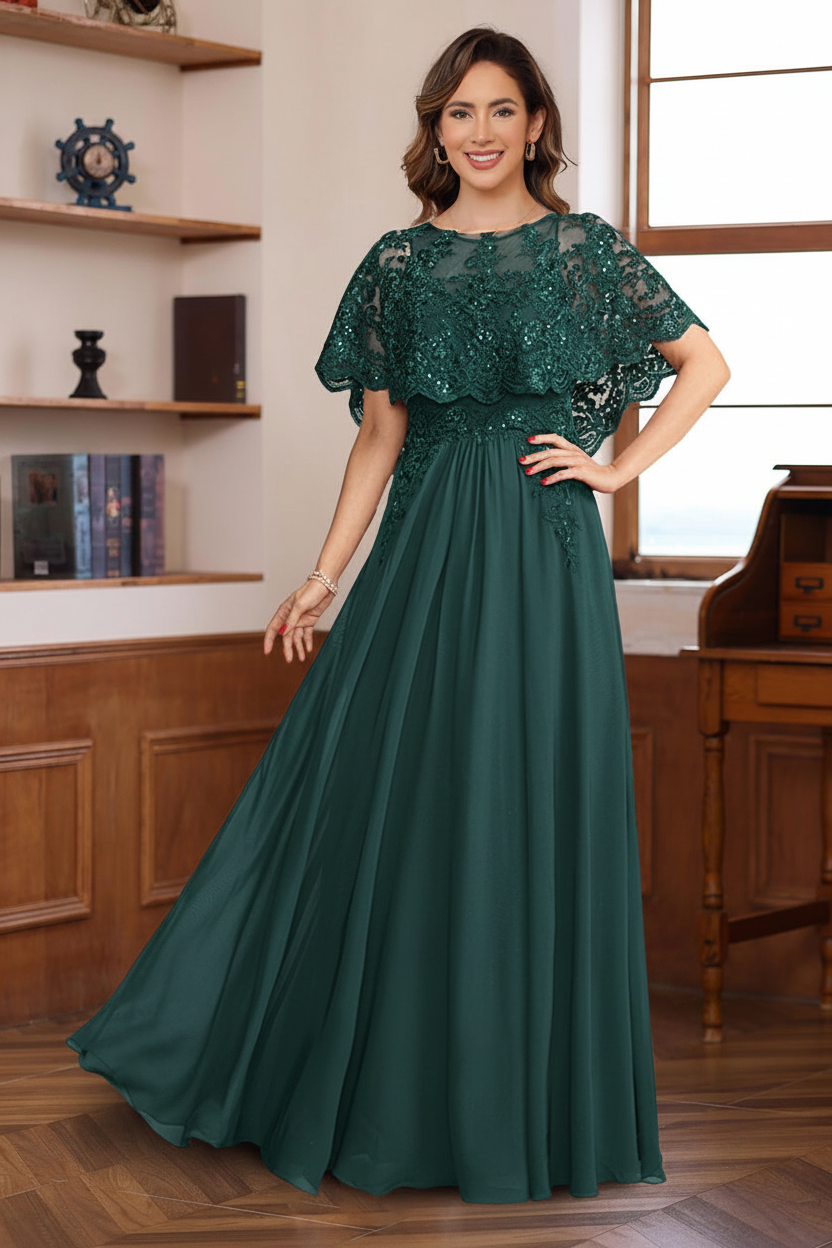 A-Line/Princess Round Neck Floor-Length Elegant Mother of the Bride & Groom Dresses with Lace Appliques