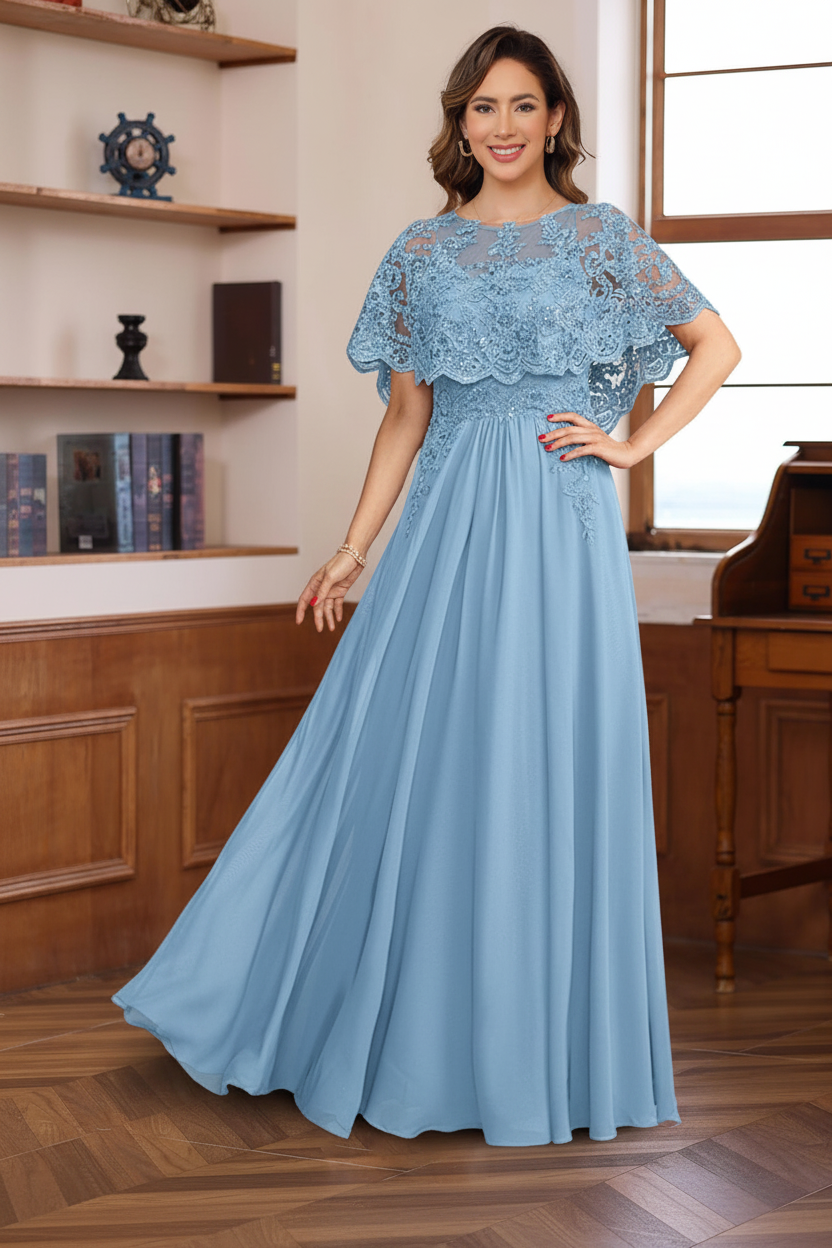 A-Line/Princess Round Neck Floor-Length Elegant Mother of the Bride & Groom Dresses with Lace Appliques