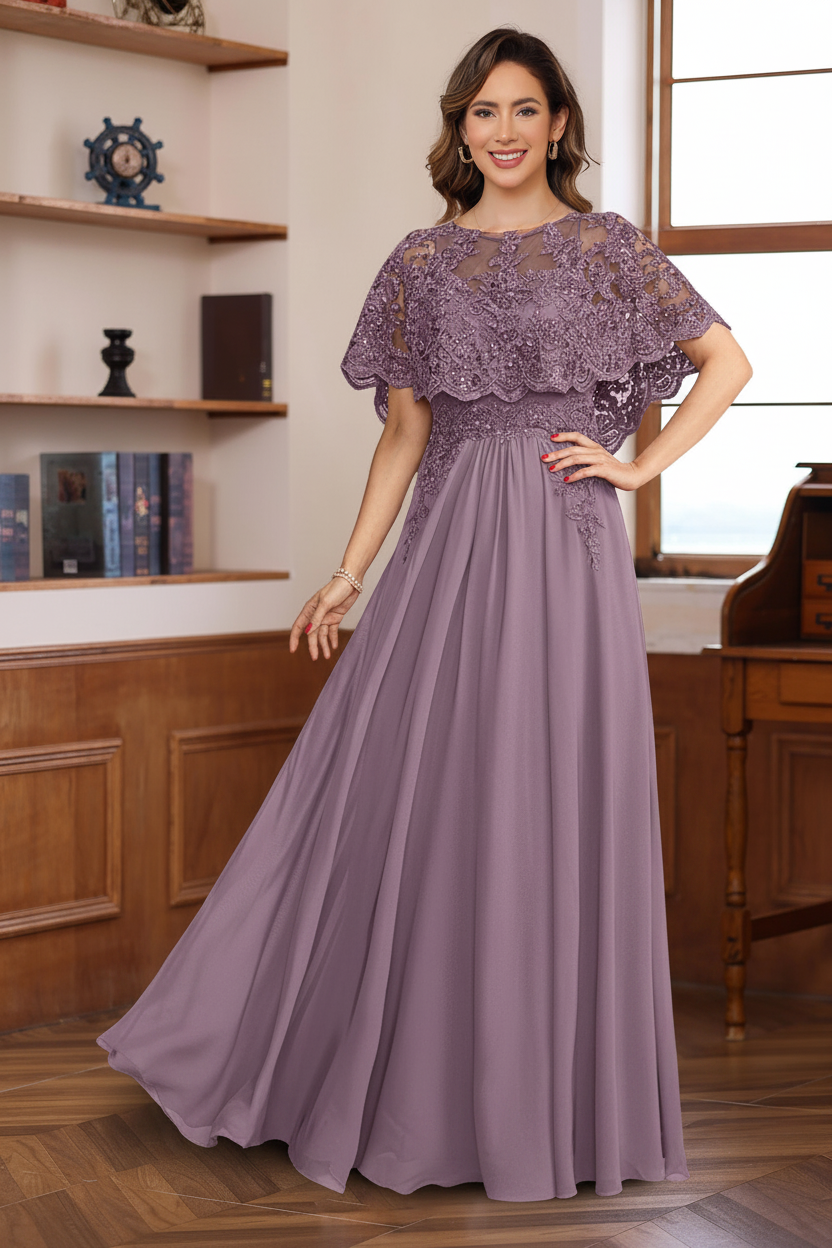 A-Line/Princess Round Neck Floor-Length Elegant Mother of the Bride & Groom Dresses with Lace Appliques