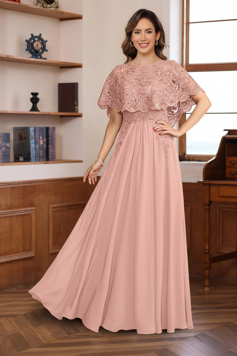 A-Line/Princess Round Neck Floor-Length Elegant Mother of the Bride & Groom Dresses with Lace Appliques