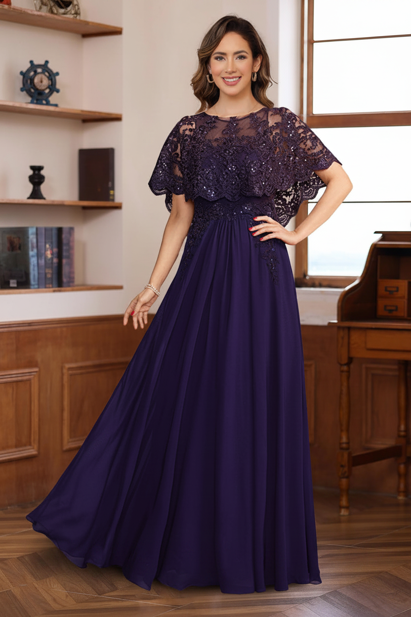A-Line/Princess Round Neck Floor-Length Elegant Mother of the Bride & Groom Dresses with Lace Appliques