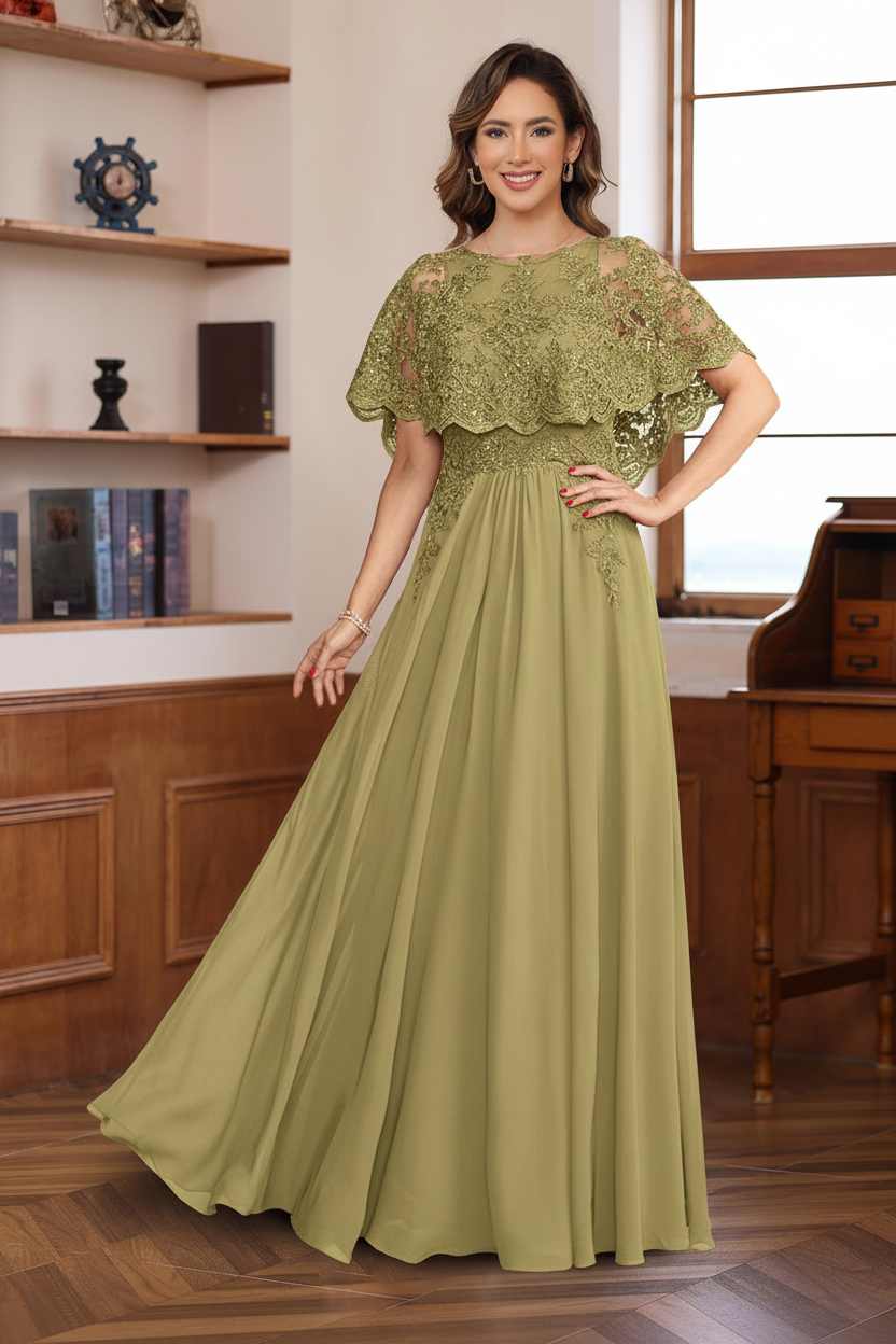 A-Line/Princess Round Neck Floor-Length Elegant Mother of the Bride & Groom Dresses with Lace Appliques
