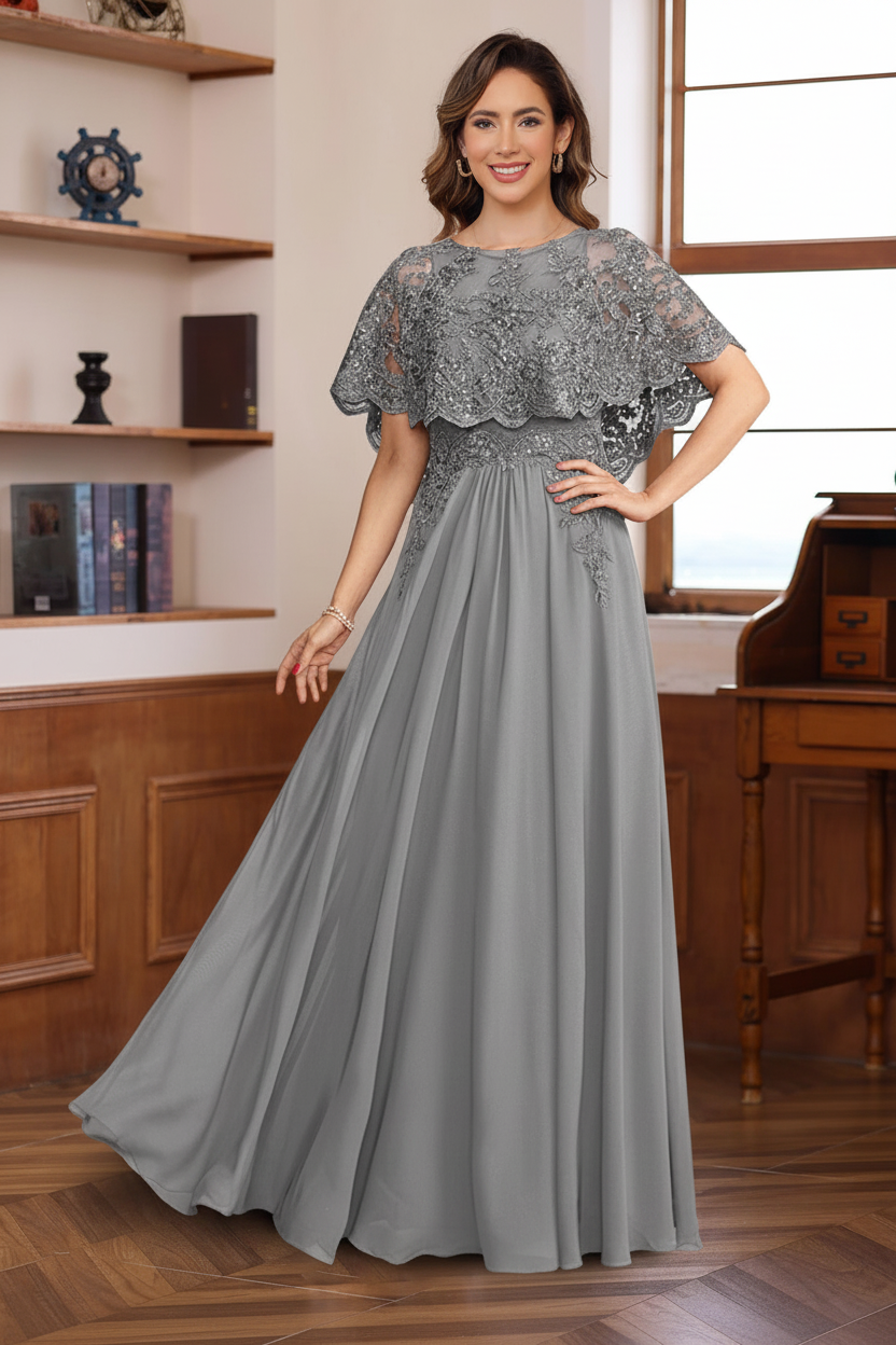 A-Line/Princess Round Neck Floor-Length Elegant Mother of the Bride & Groom Dresses with Lace Appliques