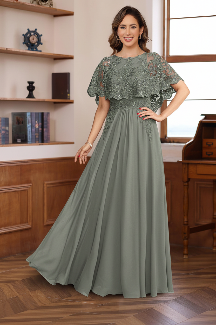 A-Line/Princess Round Neck Floor-Length Elegant Mother of the Bride & Groom Dresses with Lace Appliques