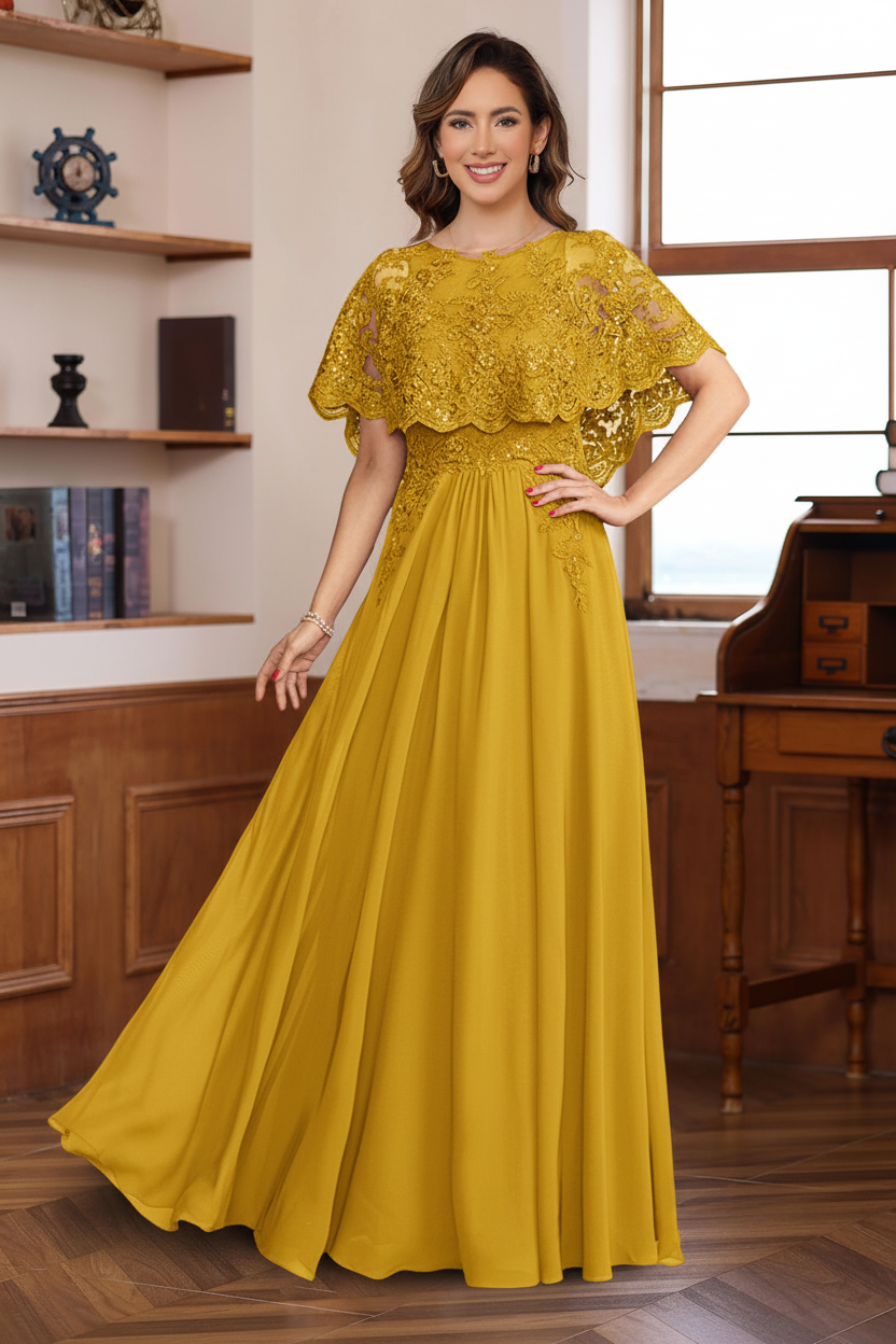 A-Line/Princess Round Neck Floor-Length Elegant Mother of the Bride & Groom Dresses with Lace Appliques