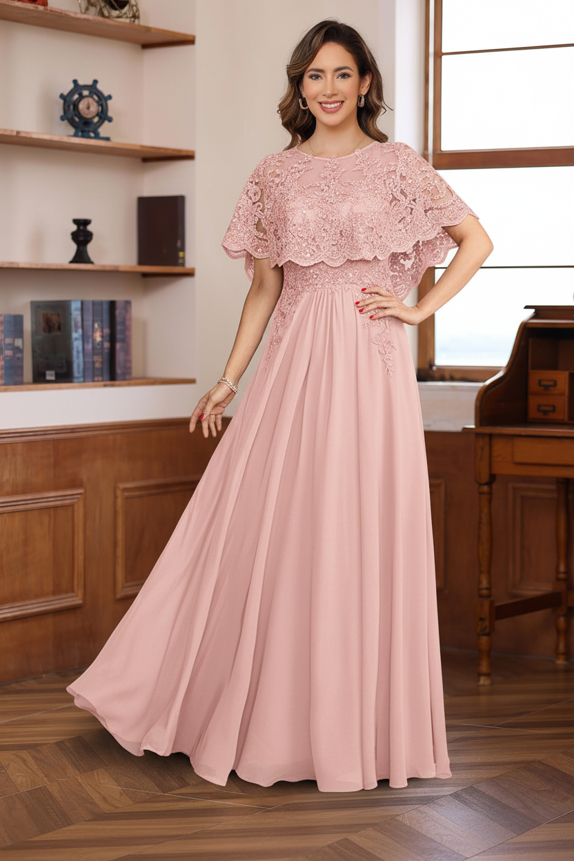 A-Line/Princess Round Neck Floor-Length Elegant Mother of the Bride & Groom Dresses with Lace Appliques