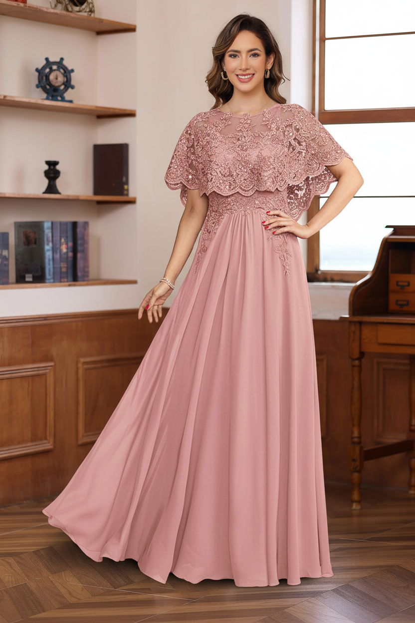 A-Line/Princess Round Neck Floor-Length Elegant Mother of the Bride & Groom Dresses with Lace Appliques