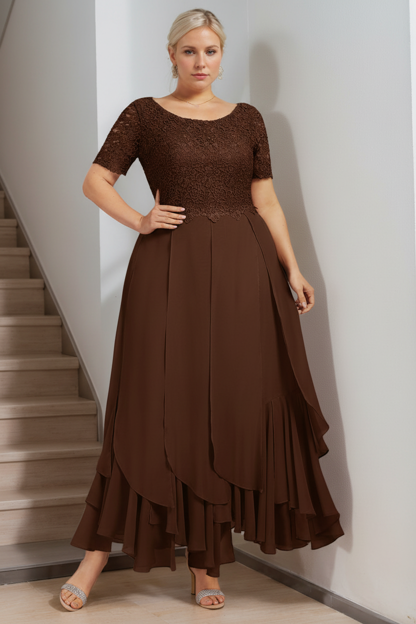 A-Line/Princess Round Neck Short Sleeves Ankle-Length Plus Size Mother of the Bride Dress with Cascading Ruffles