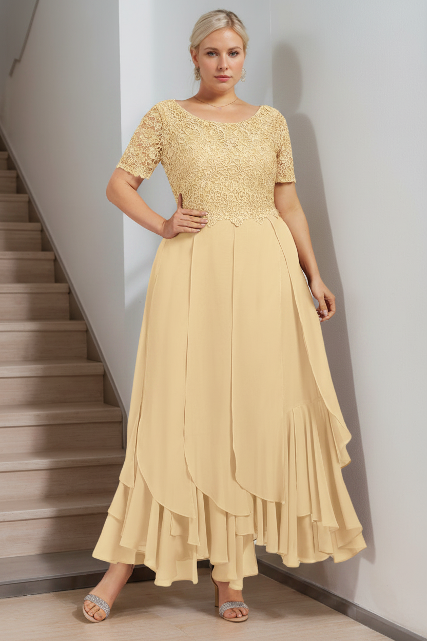 A-Line/Princess Round Neck Short Sleeves Ankle-Length Plus Size Mother of the Bride Dress with Cascading Ruffles