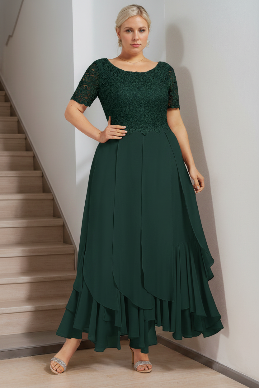 A-Line/Princess Round Neck Short Sleeves Ankle-Length Plus Size Mother of the Bride Dress with Cascading Ruffles