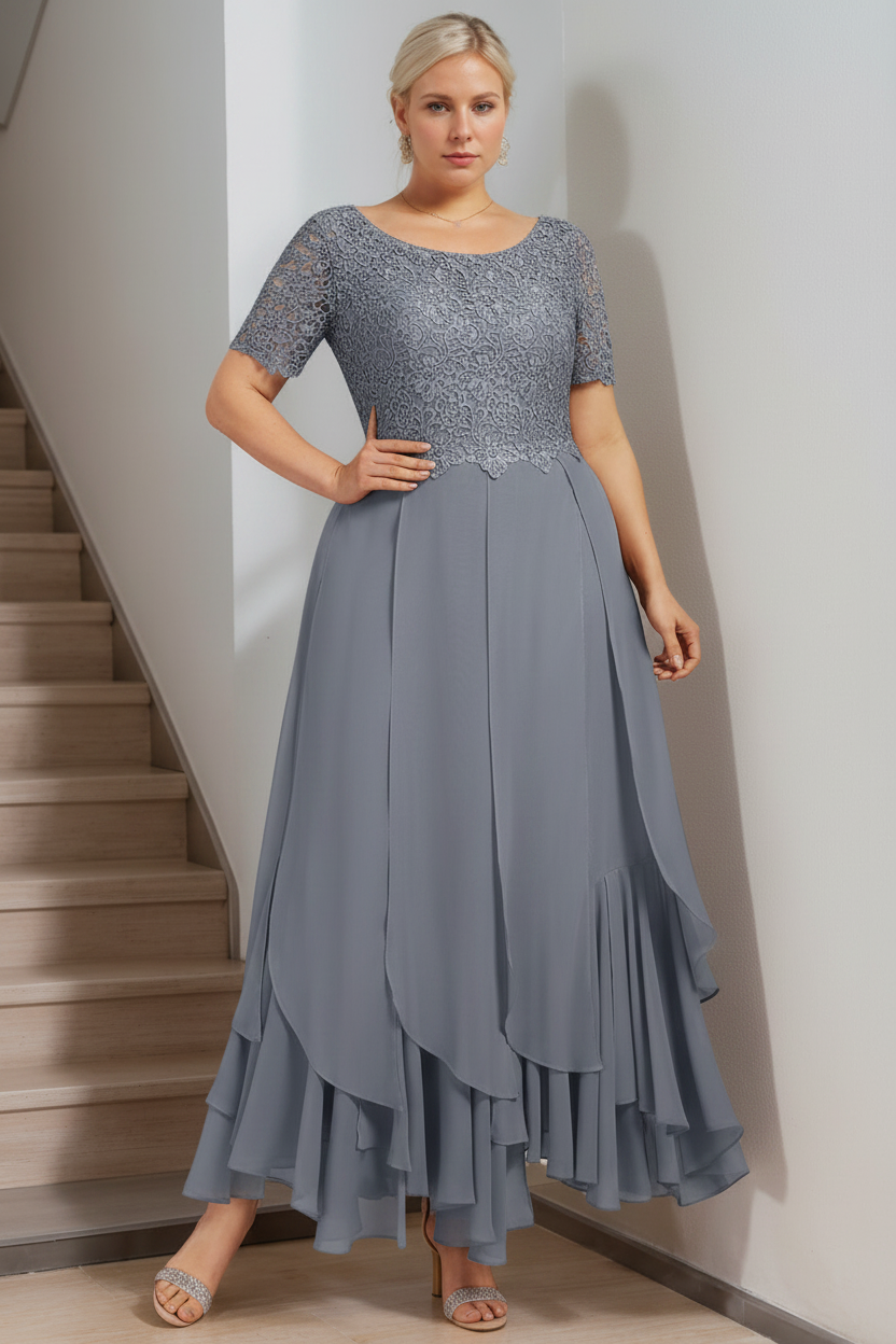 A-Line/Princess Round Neck Short Sleeves Ankle-Length Plus Size Mother of the Bride Dress with Cascading Ruffles