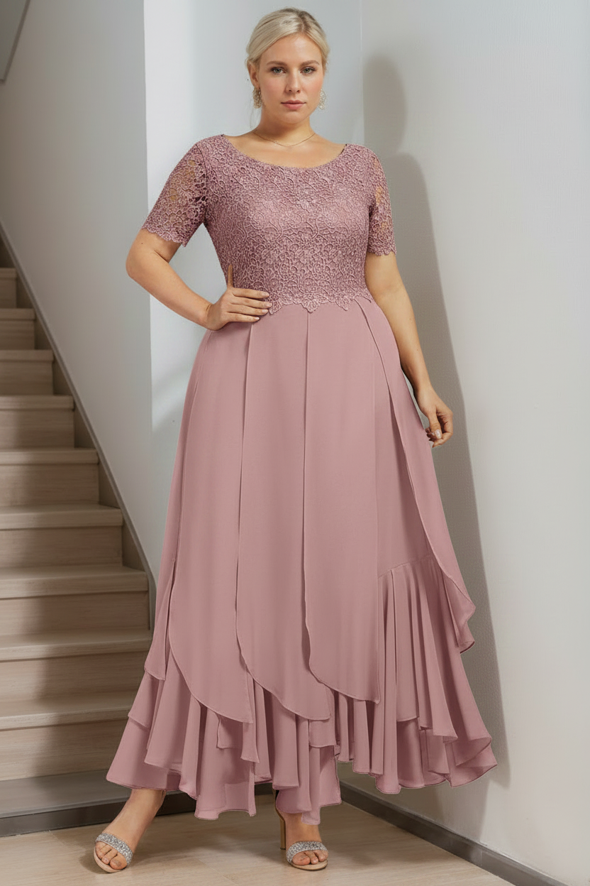 A-Line/Princess Round Neck Short Sleeves Ankle-Length Plus Size Mother of the Bride Dress with Cascading Ruffles