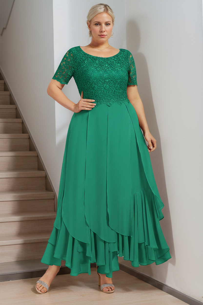 A-Line/Princess Round Neck Short Sleeves Ankle-Length Plus Size Mother of the Bride Dress with Cascading Ruffles