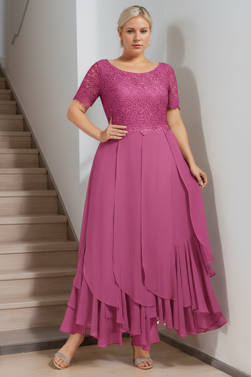 A-Line/Princess Round Neck Short Sleeves Ankle-Length Plus Size Mother of the Bride Dress with Cascading Ruffles