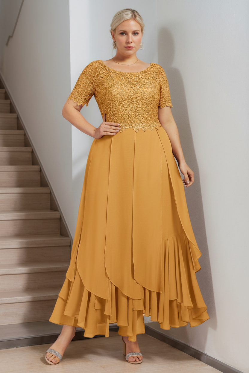 A-Line/Princess Round Neck Short Sleeves Ankle-Length Plus Size Mother of the Bride Dress with Cascading Ruffles