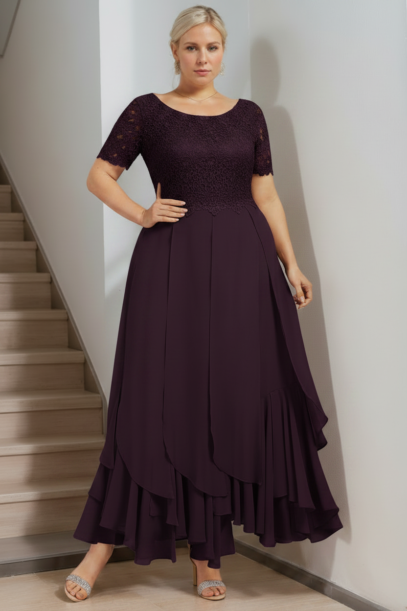 A-Line/Princess Round Neck Short Sleeves Ankle-Length Plus Size Mother of the Bride Dress with Cascading Ruffles