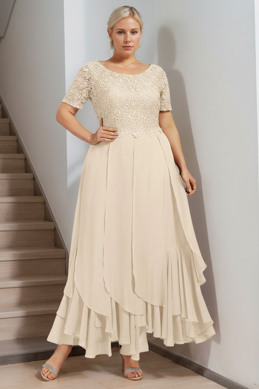 A-Line/Princess Round Neck Short Sleeves Ankle-Length Plus Size Mother of the Bride Dress with Cascading Ruffles
