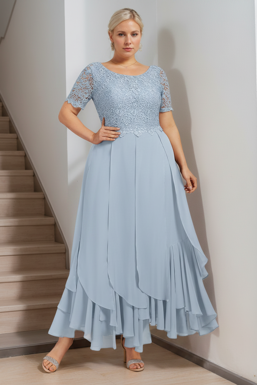 A-Line/Princess Round Neck Short Sleeves Ankle-Length Plus Size Mother of the Bride Dress with Cascading Ruffles