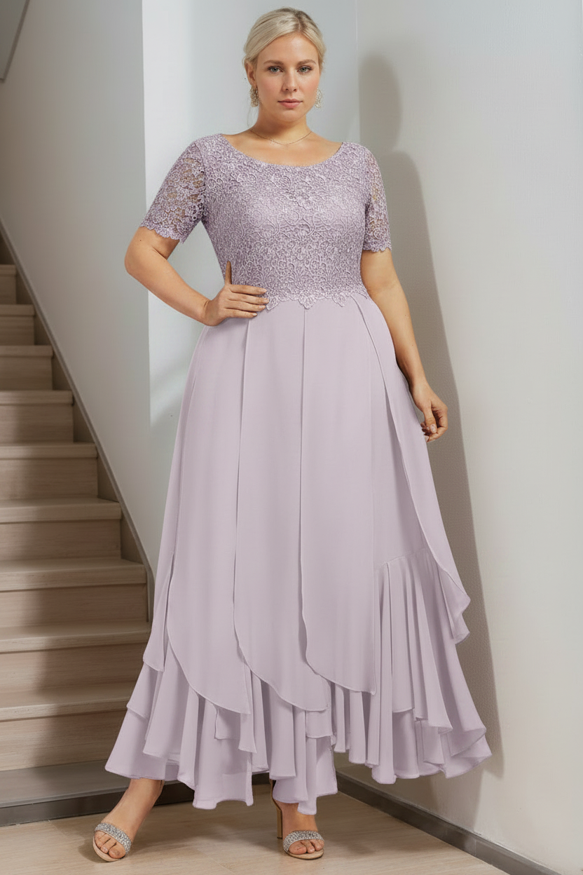 A-Line/Princess Round Neck Short Sleeves Ankle-Length Plus Size Mother of the Bride Dress with Cascading Ruffles