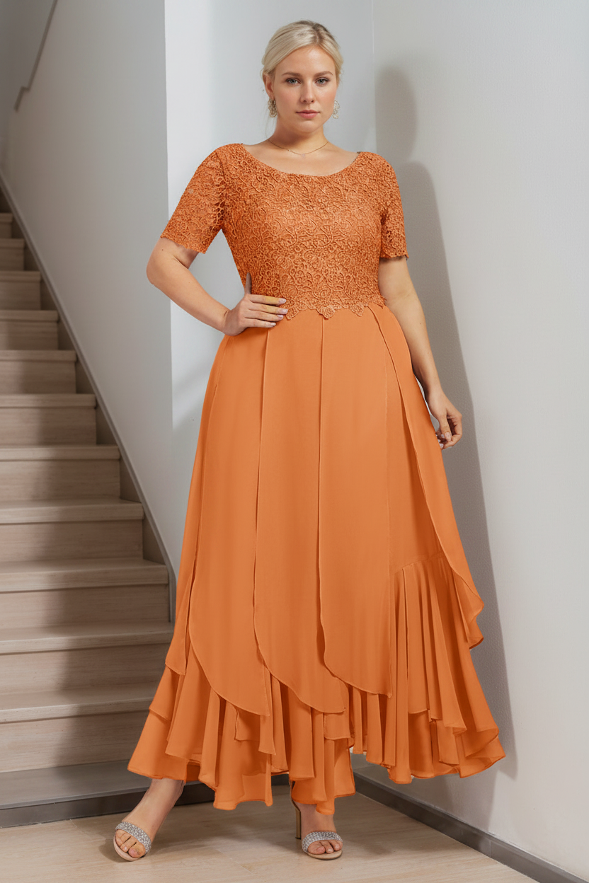 A-Line/Princess Round Neck Short Sleeves Ankle-Length Plus Size Mother of the Bride Dress with Cascading Ruffles