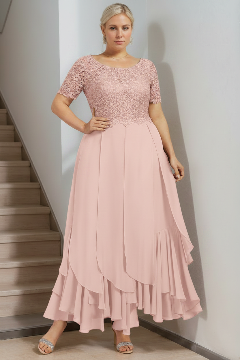 A-Line/Princess Round Neck Short Sleeves Ankle-Length Plus Size Mother of the Bride Dress with Cascading Ruffles