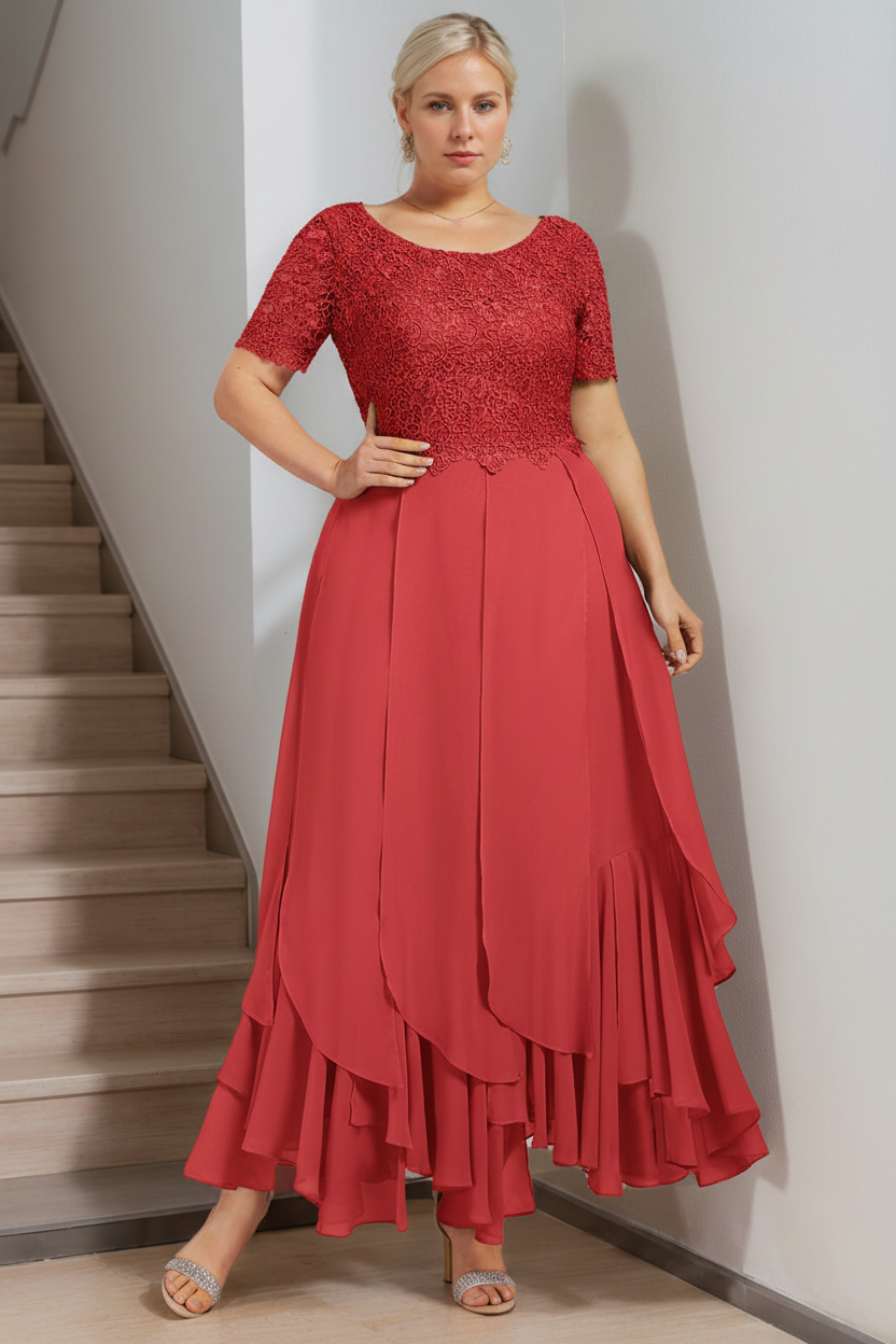 A-Line/Princess Round Neck Short Sleeves Ankle-Length Plus Size Mother of the Bride Dress with Cascading Ruffles