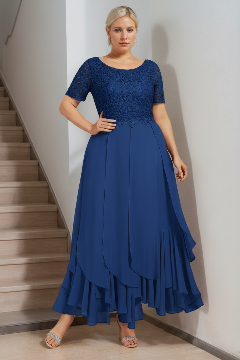 A-Line/Princess Round Neck Short Sleeves Ankle-Length Plus Size Mother of the Bride Dress with Cascading Ruffles