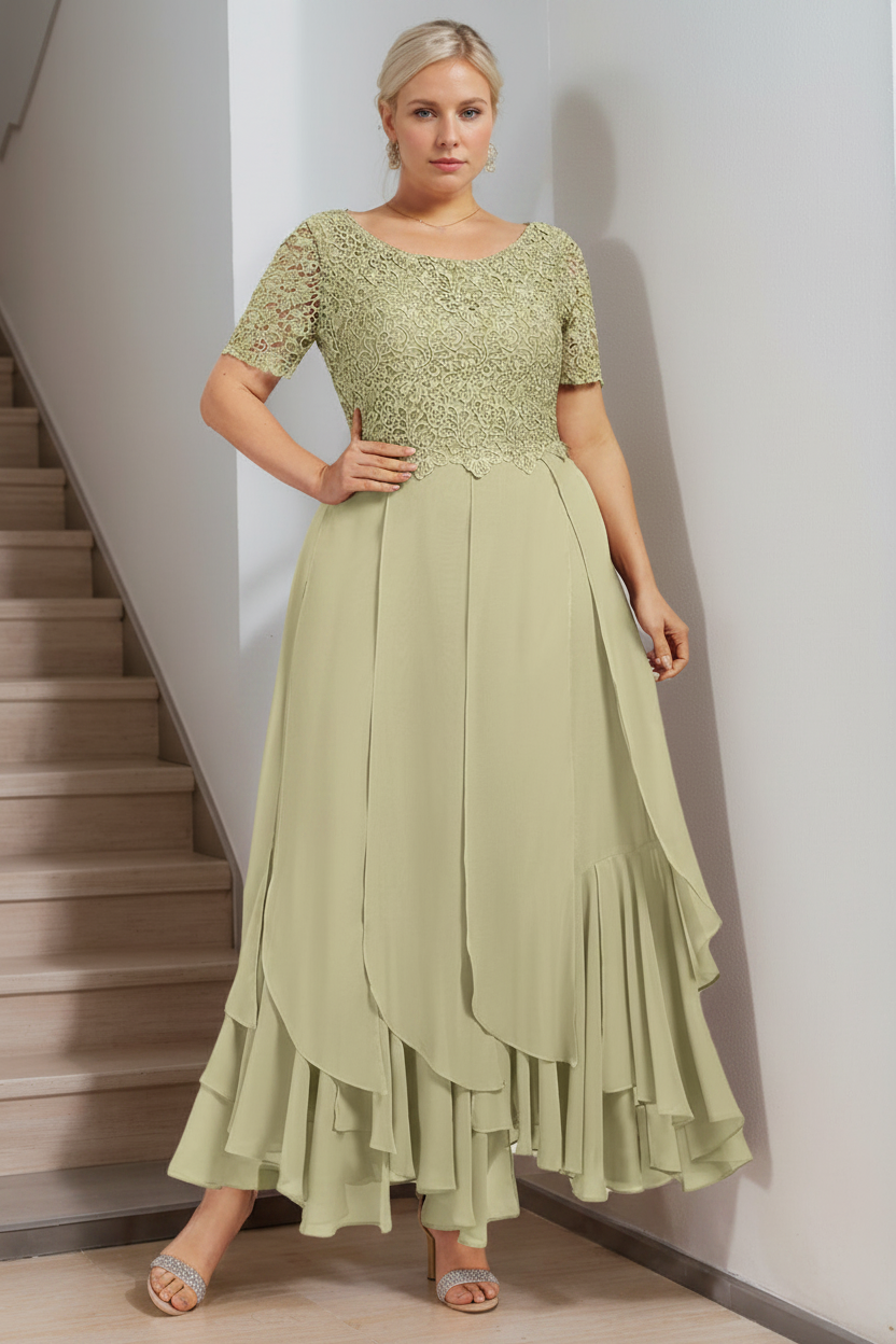 A-Line/Princess Round Neck Short Sleeves Ankle-Length Plus Size Mother of the Bride Dress with Cascading Ruffles
