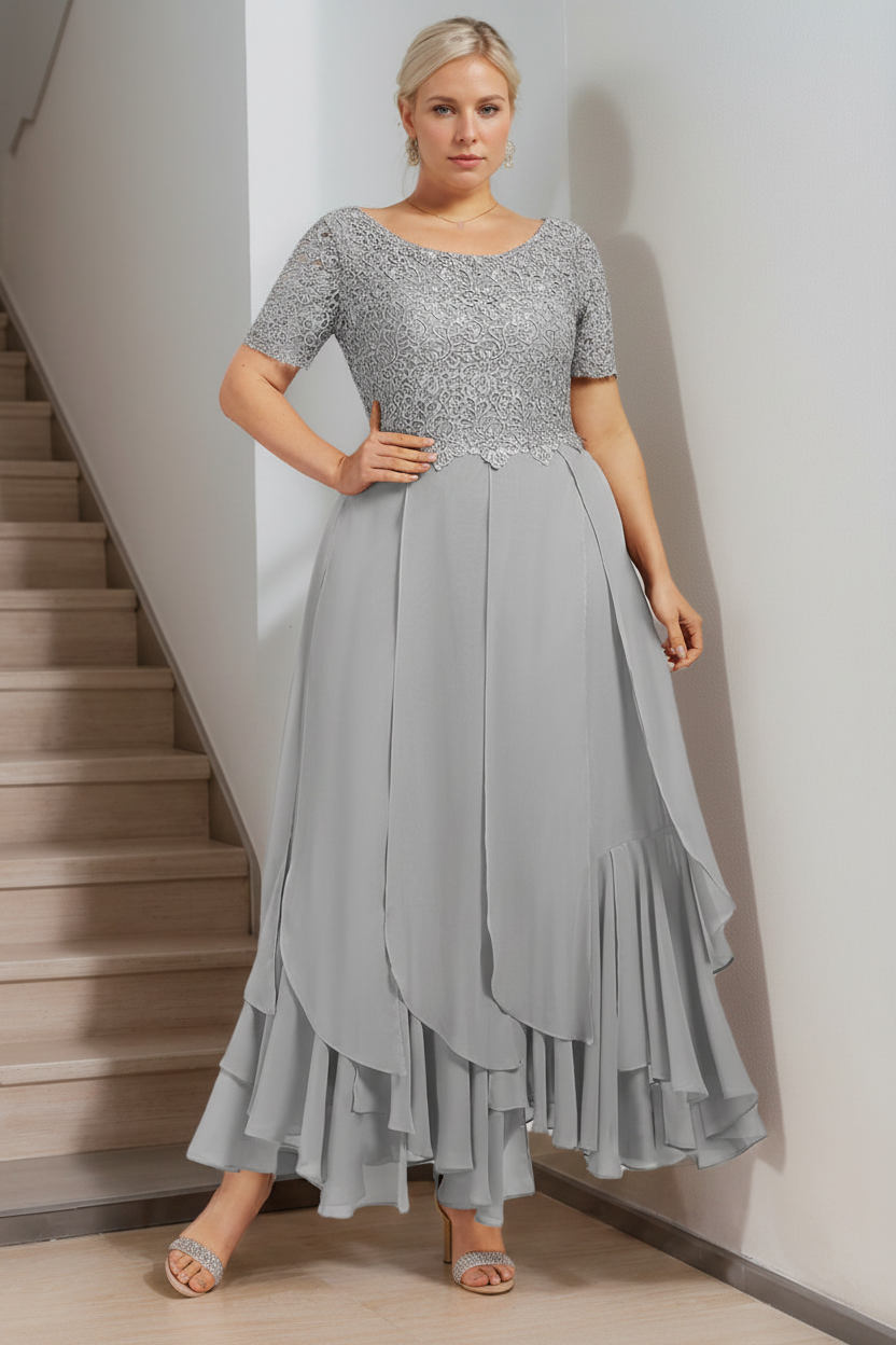 A-Line/Princess Round Neck Short Sleeves Ankle-Length Plus Size Mother of the Bride Dress with Cascading Ruffles