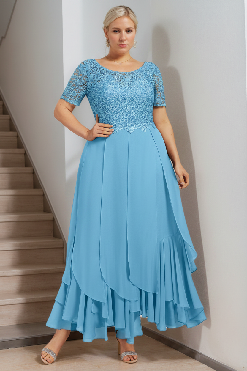 A-Line/Princess Round Neck Short Sleeves Ankle-Length Plus Size Mother of the Bride Dress with Cascading Ruffles