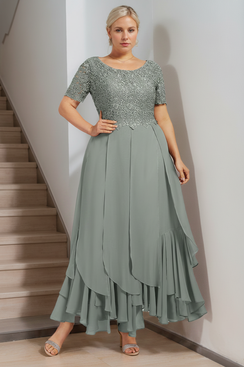 A-Line/Princess Round Neck Short Sleeves Ankle-Length Plus Size Mother of the Bride Dress with Cascading Ruffles