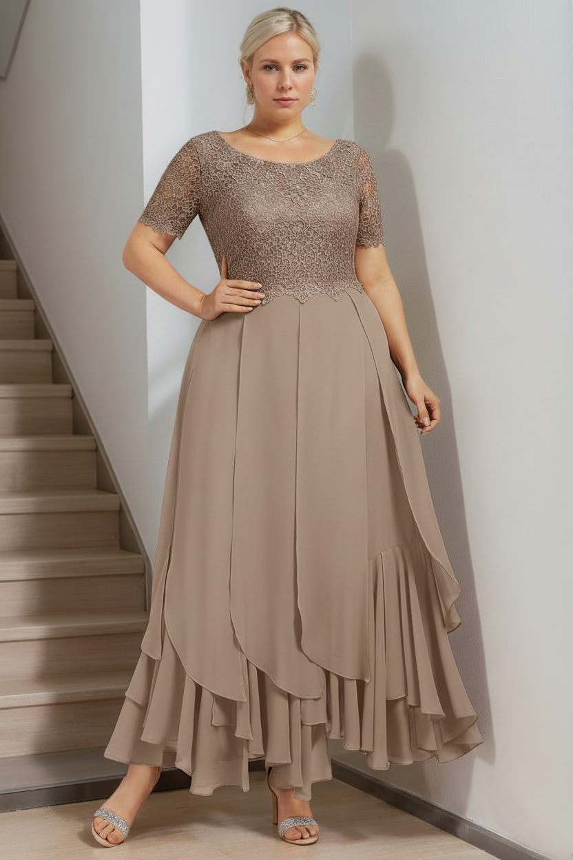 A-Line/Princess Round Neck Short Sleeves Ankle-Length Plus Size Mother of the Bride Dress with Cascading Ruffles