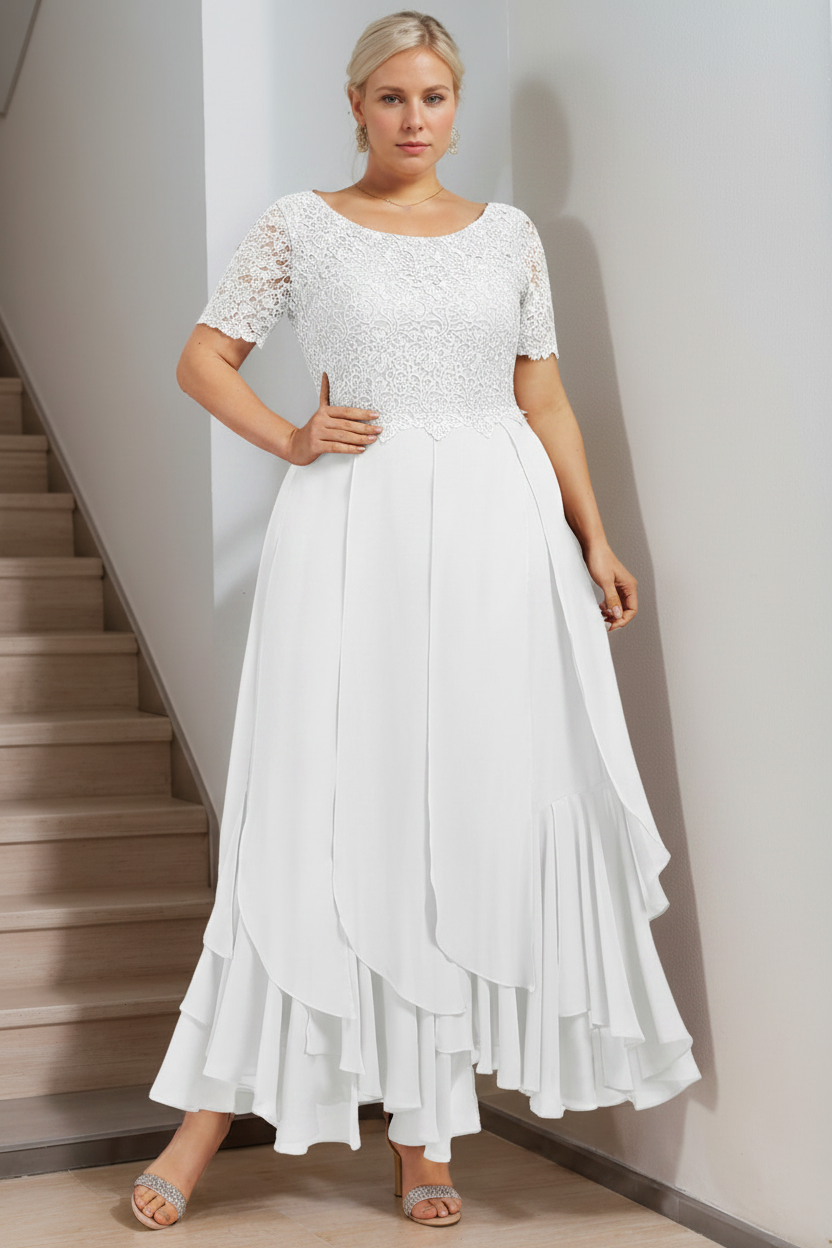 A-Line/Princess Round Neck Short Sleeves Ankle-Length Plus Size Mother of the Bride Dress with Cascading Ruffles