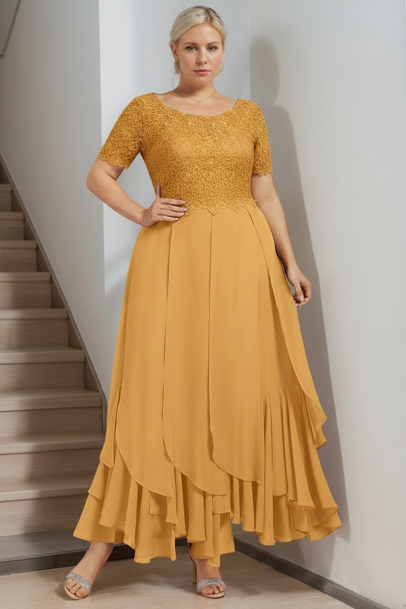 A-Line/Princess Round Neck Short Sleeves Ankle-Length Plus Size Mother of the Bride Dress with Cascading Ruffles
