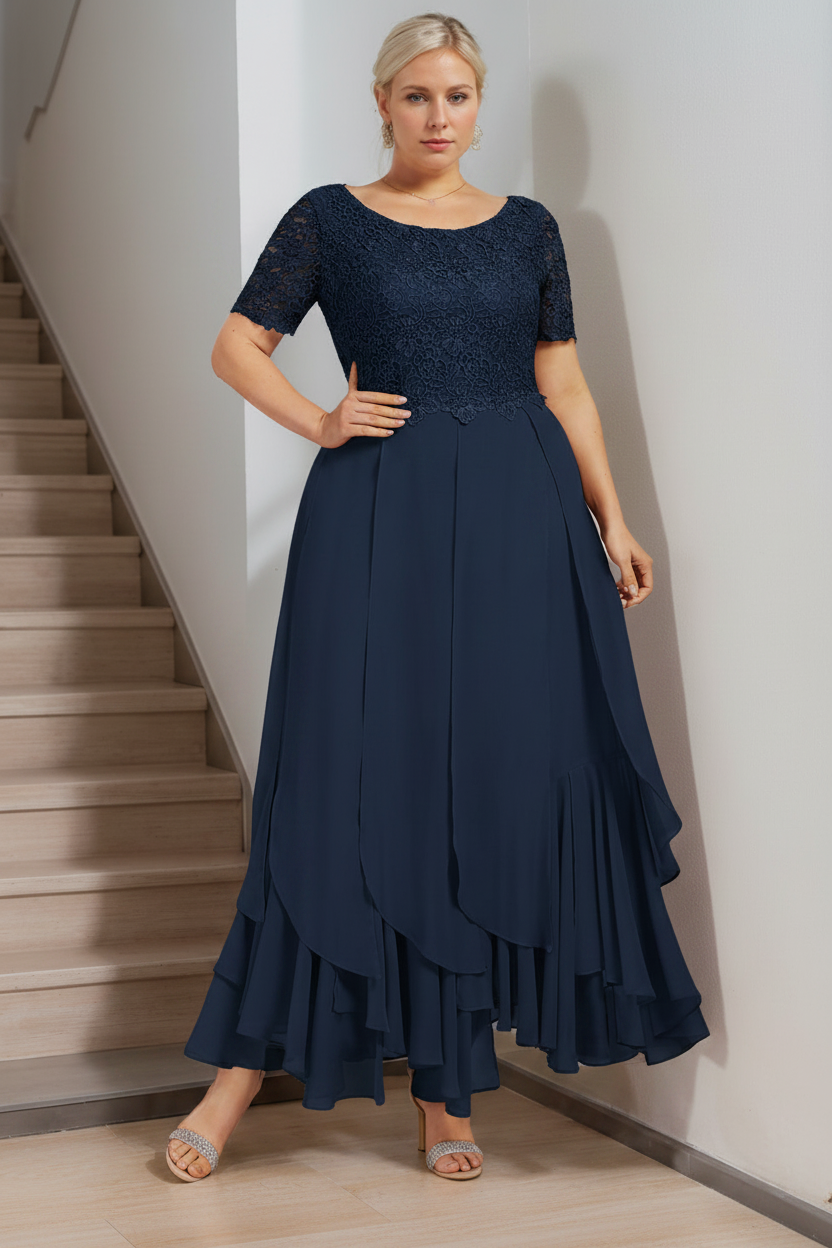 A-Line/Princess Round Neck Short Sleeves Ankle-Length Plus Size Mother of the Bride Dress with Cascading Ruffles