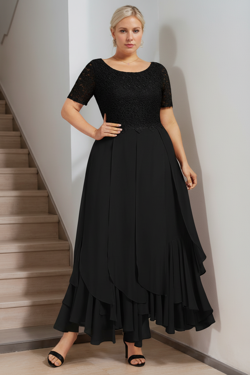 A-Line/Princess Round Neck Short Sleeves Ankle-Length Plus Size Mother of the Bride Dress with Cascading Ruffles