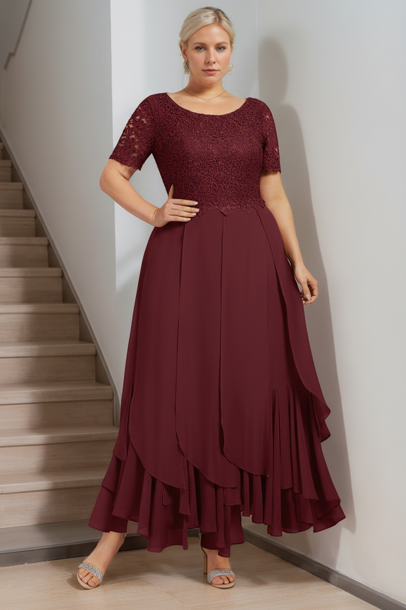 A-Line/Princess Round Neck Short Sleeves Ankle-Length Plus Size Mother of the Bride Dress with Cascading Ruffles