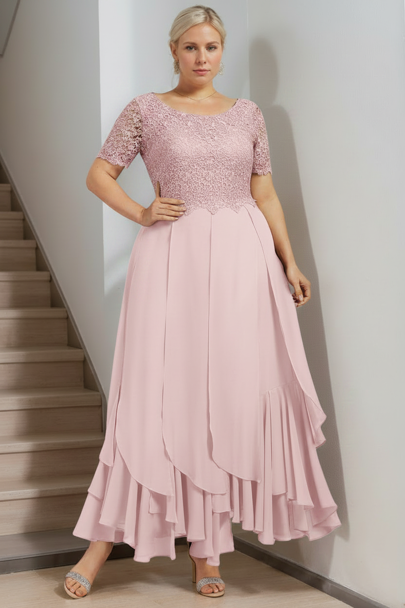 A-Line/Princess Round Neck Short Sleeves Ankle-Length Plus Size Mother of the Bride Dress with Cascading Ruffles