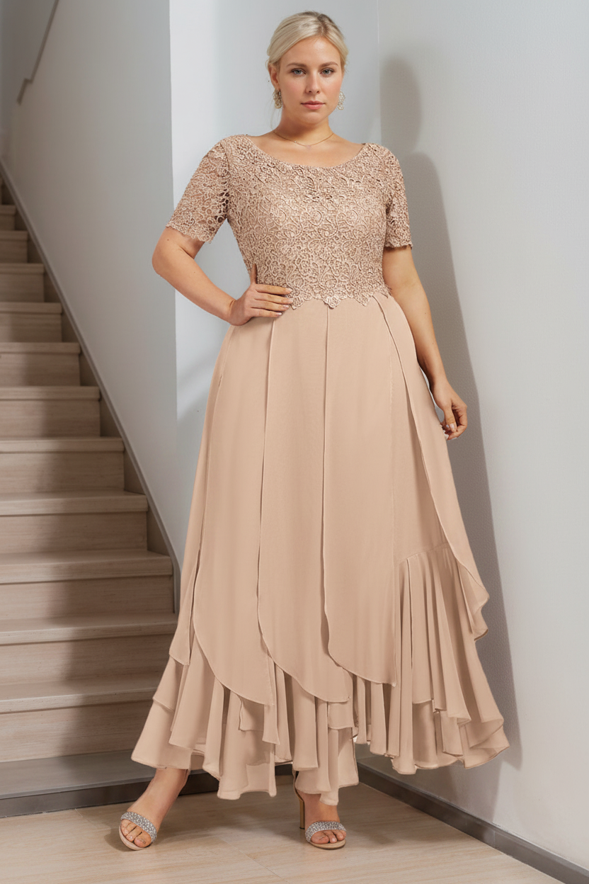A-Line/Princess Round Neck Short Sleeves Ankle-Length Plus Size Mother of the Bride Dress with Cascading Ruffles