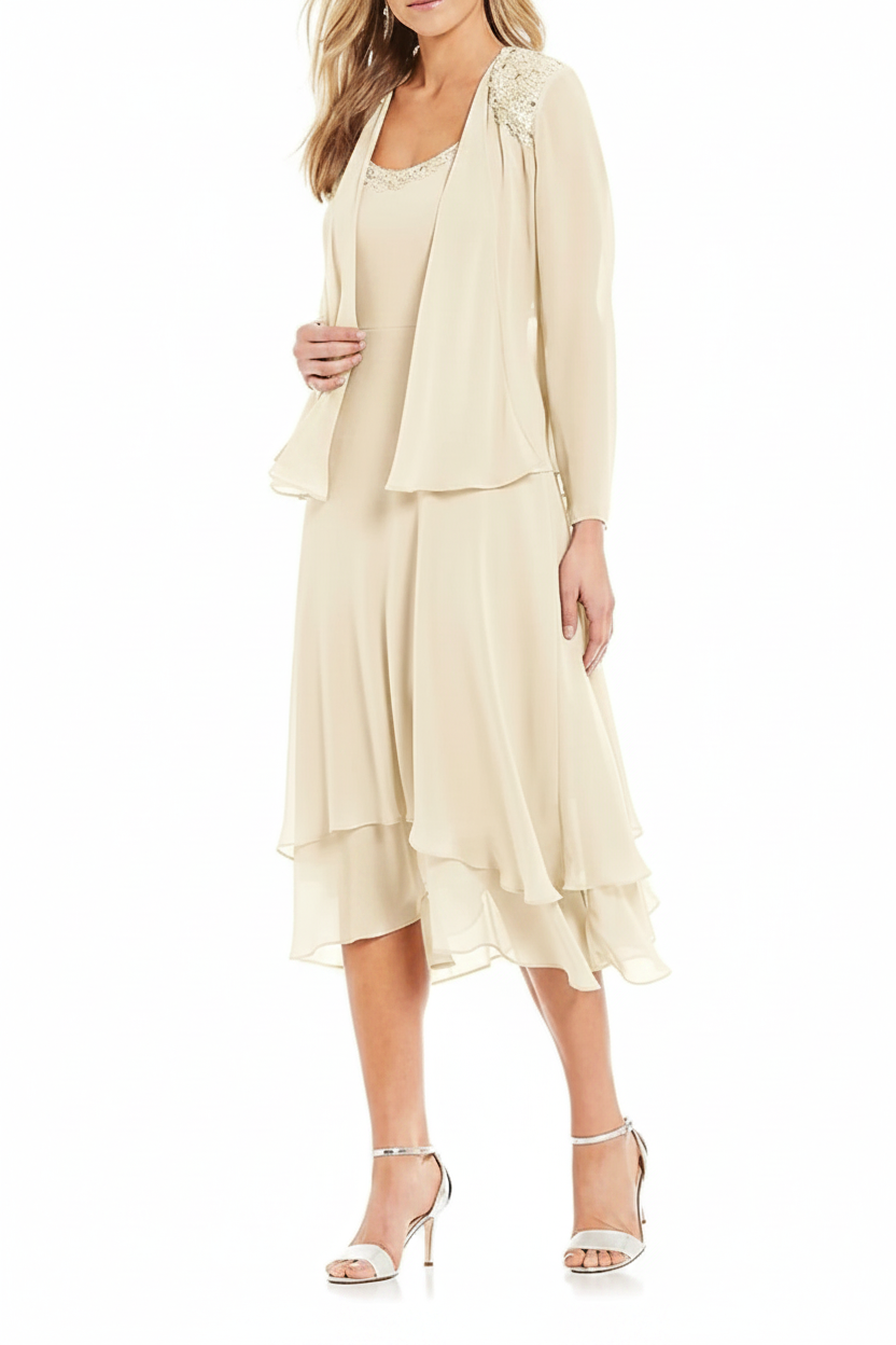 A-Line/Princess Round Neck Sleeveless Tea-Length Mother Of The Bride Dresses With Jacket