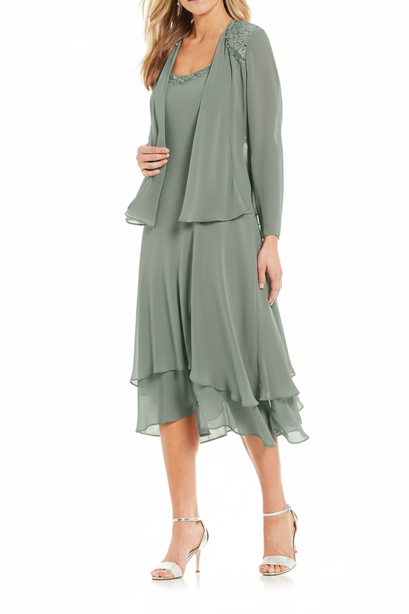 A-Line/Princess Round Neck Sleeveless Tea-Length Mother Of The Bride Dresses With Jacket