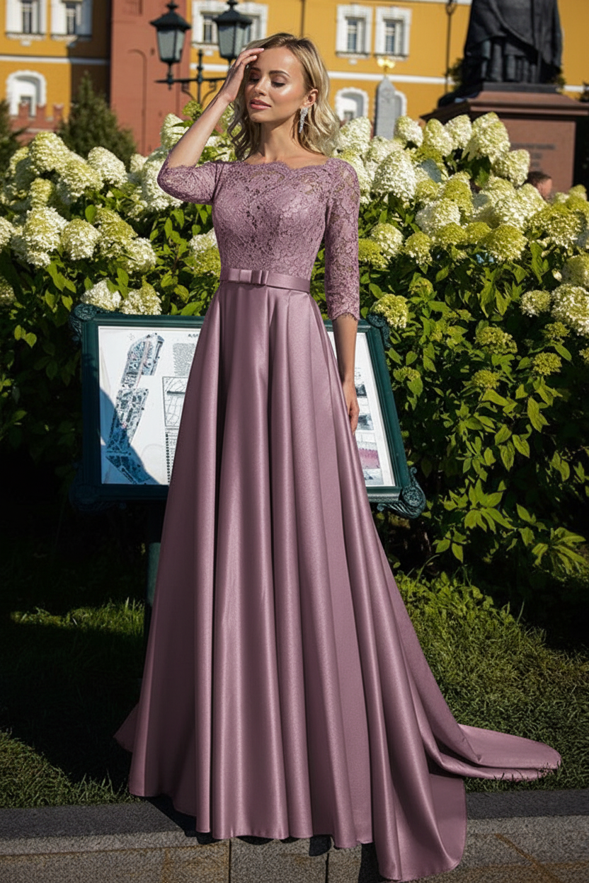 A-Line/Princess Satin Mother of the Bride Dresses with Lace & Belt