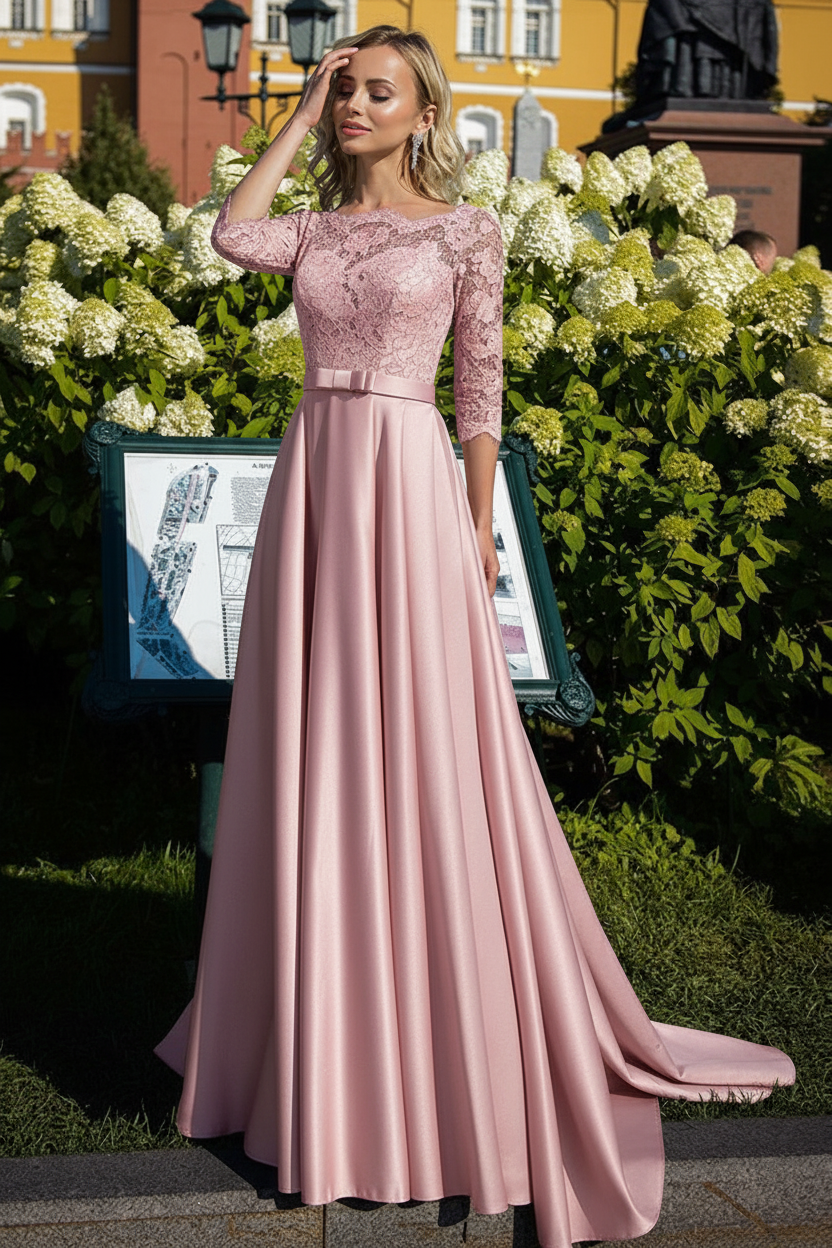 A-Line/Princess Satin Mother of the Bride Dresses with Lace & Belt